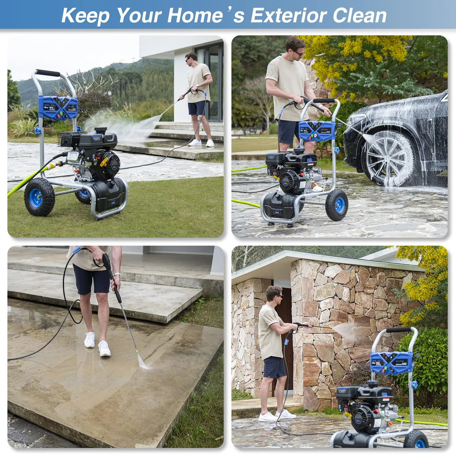 Efurden 3500PSI Gas Pressure Washer, 2.3GPM Gas Powered High Pressure Clean Machine with 209CC Engine, 4 Adjustable Nozzles for Cleaning Walls, Terraces, Vehicles, Gardens (Blue)