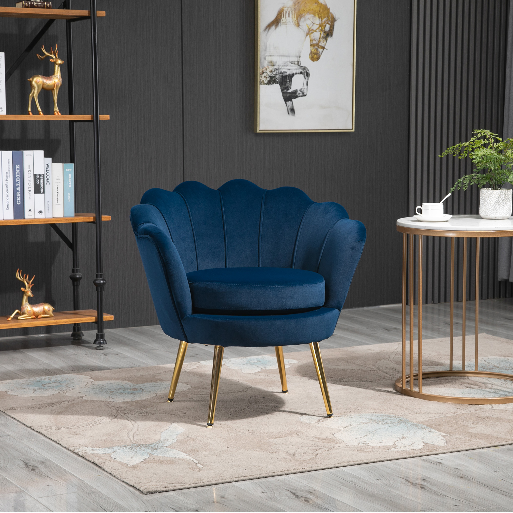 Loungefauteuil, Vintage Fauteuil in Samtoptiek, Metalen Frame, 76 x 67 x 74 cm, Blauw