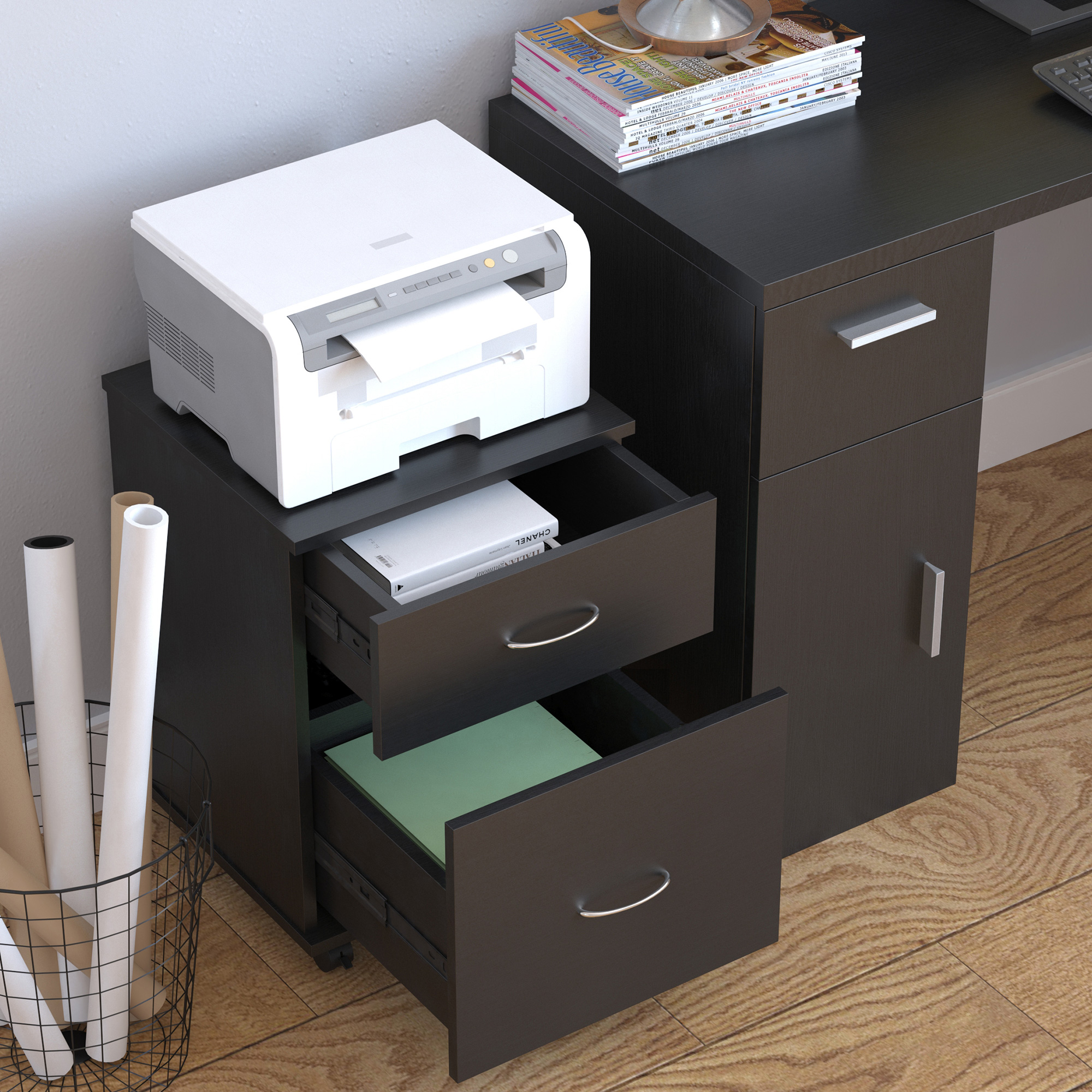 HOMCOM Rollcontainer Bürocontainer Kommode Schubladenschrank auf Rollen, Spanplatte, 41x39x58cm (Schwarz)