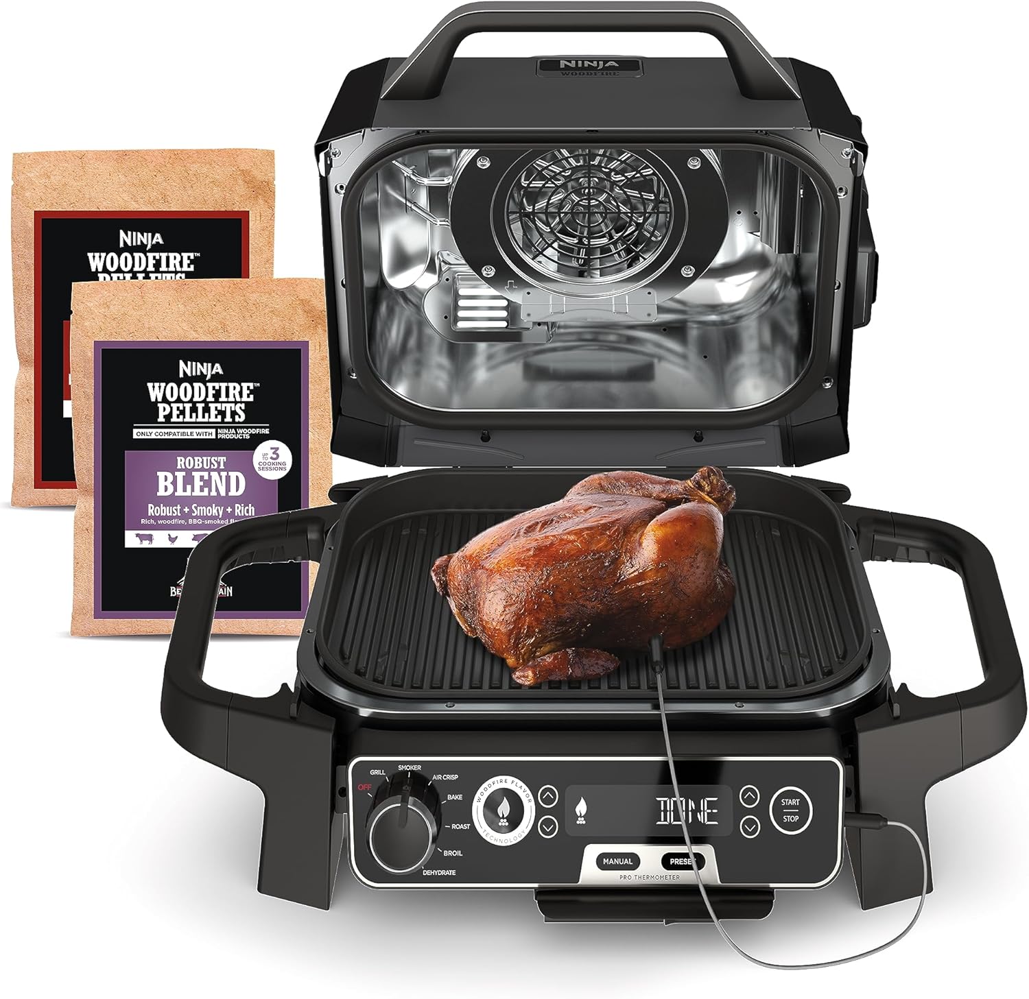 Ninja OG751 Woodfire Pro Outdoor Grill Built-In Thermometer 7-in-1 Master Grill BBQ Smoker & Outdoor Air Fryer Plus Bake Roast Dehydrate & Broil Woodfire Technology Weather-Resistant Grey XL