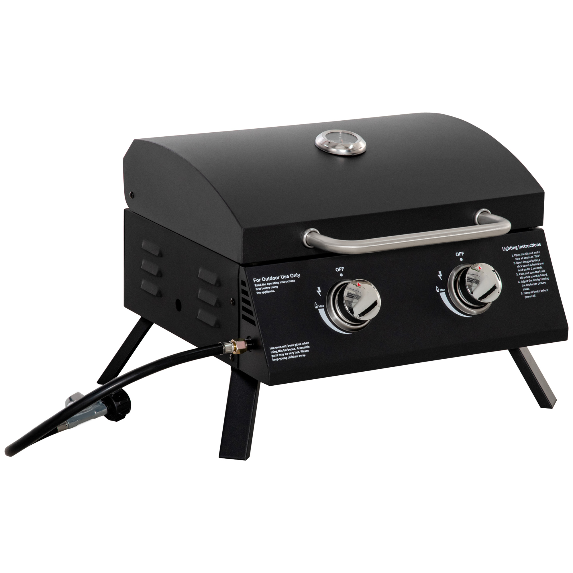 Outsunny Tischgrill Gasgrill BBQ mit 2 Brennern mobiler Grillwagen Grillnetz klein Outdoor Tischgasgrill Picknick mit Druckminderer Schlauch Edelstahl Schwarz 55 x 46,5 x 41 cm