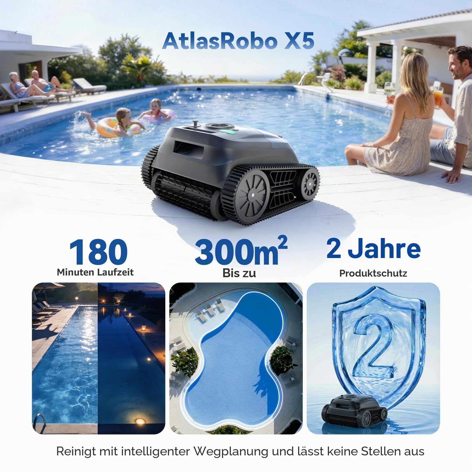 Akku Poolroboter AtlasRobo X5 für Wand, Boden und Wasserlinie, 21 m³/h Saugkraft, 180 Min Laufzeit, bis 300 m²