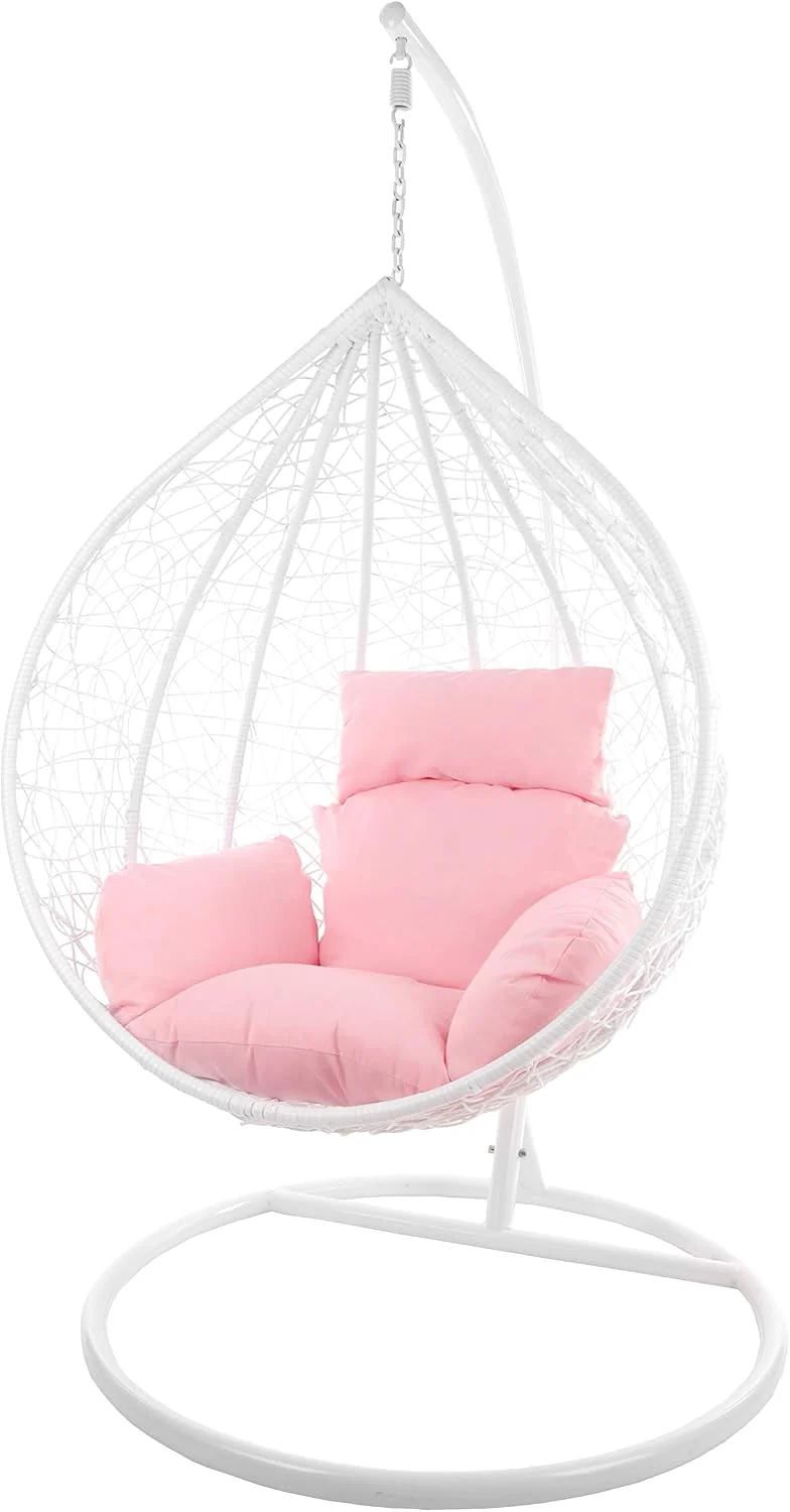 KIDEO Komplettset: großer Hängesessel mit Gestell & Kissen, Korbsessel, Poly-Rattan (Korb & Gestell: weiß, Kissen: rosa Nest (3002_Lemonade))