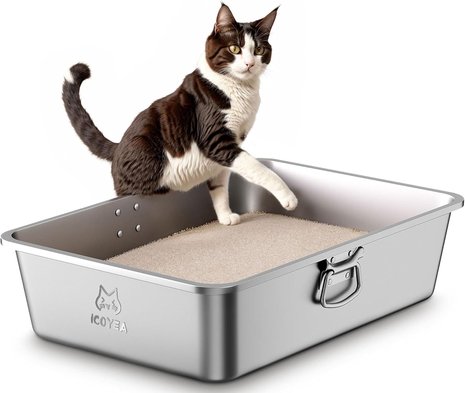 Lettiera Acciaio Inox per Gatti, Lettiera Grande Aperta per Gatto Grandi, Piccoli e Conigli, Lettiera Gatto per Gatti Antiaderente, Facile da Pulire, Sabbiera XXL Alta, Antiodore e Spaziosa