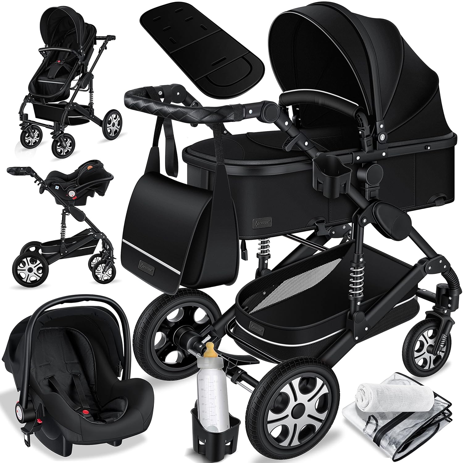 KESSER® Loops 3 in 1 Kinderwagen Kombikinderwagen Komplett-Set inkl. Babywanne & Buggy Sportsitz & Auto-Babyschale Voll-Gummireifen Wickeltasche Regenschutz Kindertisch ECE R129, Schwarz/Schwarz