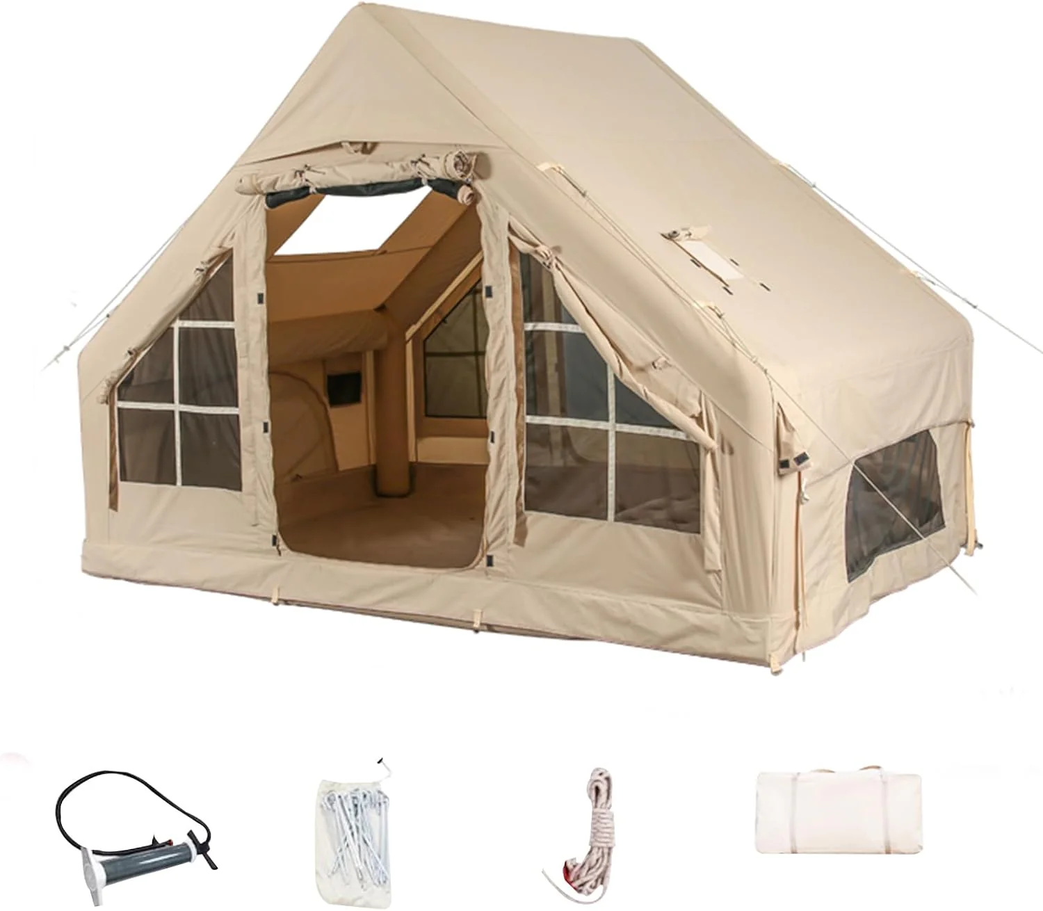 Inflatable camping tents (equipped with an inflation pump), air-type luxury camping tents, simple to set up and windproof/droughtproof inflatable tents, Oxford-style cabin tents suitable for all seasons with mesh windows and chimney-style openings.