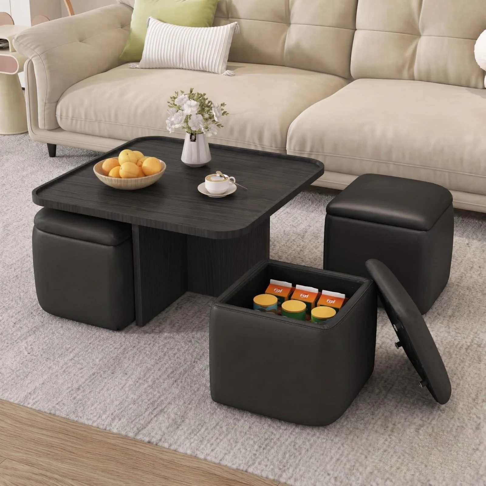 Runder Couchtisch mit 4 Hockern & Stauraum, 80 cm, platzsparend