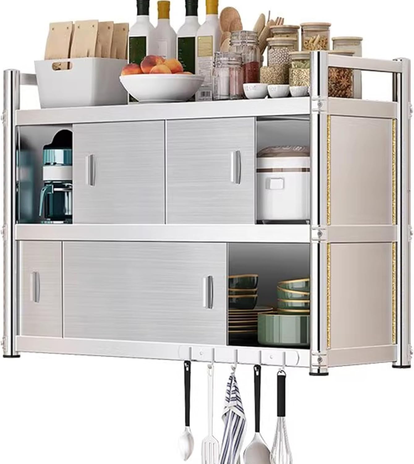 pensile Portaspezie Da Parete 3 Ripiani In Acciaio Inox Per Cucina Mobiletto Parete Con Ante Scorrevoli Mensola Organizer Per Camera Da Letto Bagno Grande Capacità Facile Da Pulire(90*30*90cm)