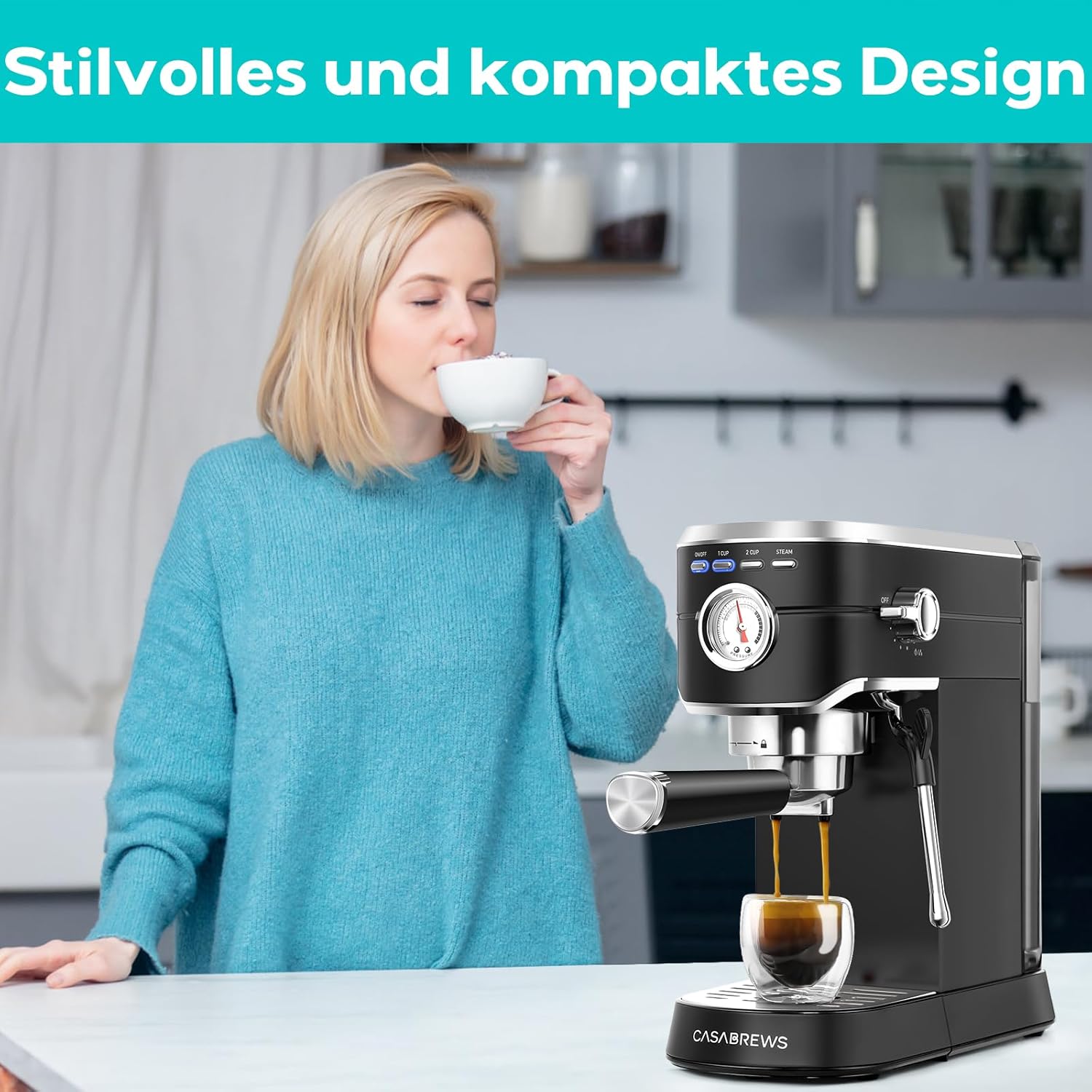 CASABREWS Espresso Siebträgermaschine 20 Bar, Edelstahl-Espressomaschine mit professionellem Milchaufschäumer, Klein Kaffeemaschine Espresso für Cappuccino, Latte & Macchiato, 1L Wassertank, Schwarz