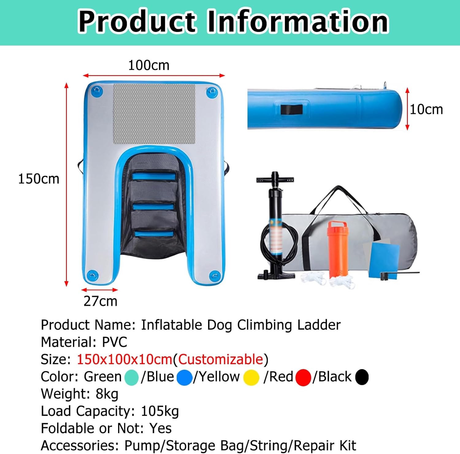 Rampa gonfiabile pieghevole per cani con pompa, borsa portaoggetti e kit di riparazione per piscina, parco acquatico e uso oceanico