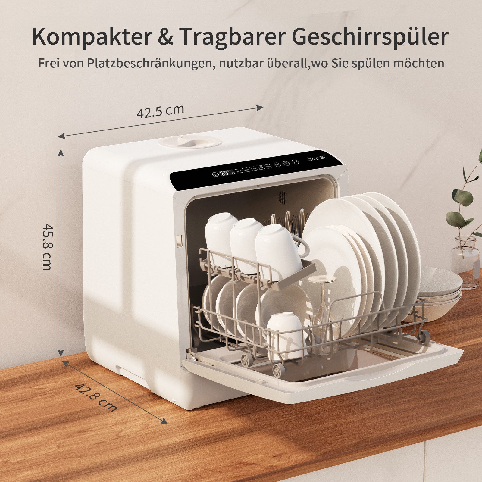 Tischgeschirrspüler TDQR03A Mini Geschirrspüler mit 5L Wassertank und 6 Spülprogramme, Hochtemperatur-Trocknung