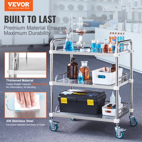 VEVOR Labor-Rollwagen, Rollwagen aus Edelstahl mit 3 Ablagen, Labor-Servierwagen mit Lenkrollen, Servierwagen Dentalwagen für Klinik, Labor, Krankenhaus, Salon, 670 x 395 x 867 mm