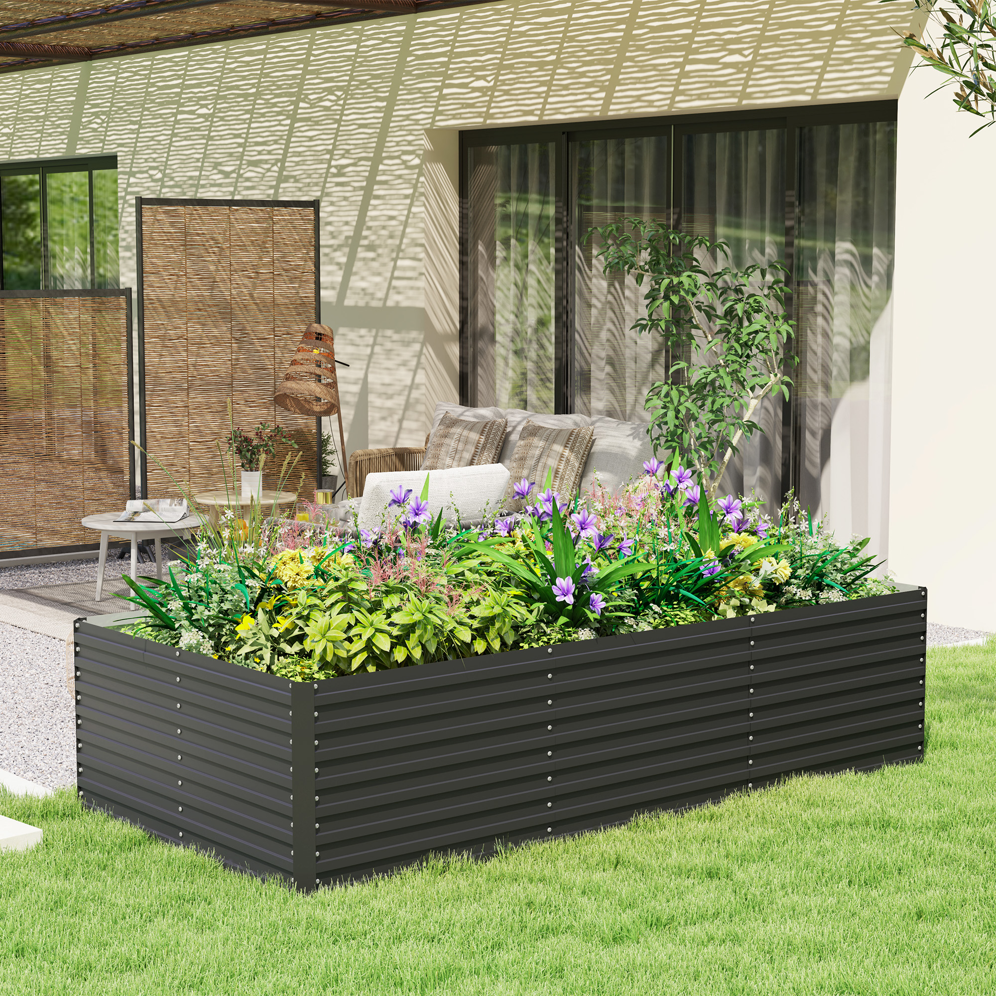 Outsunny Rechteckige, erhöhte feuerverzinkte Blumenwanne für den Außenbereich - offener Boden - 240 x 120 x 60cm, Grau