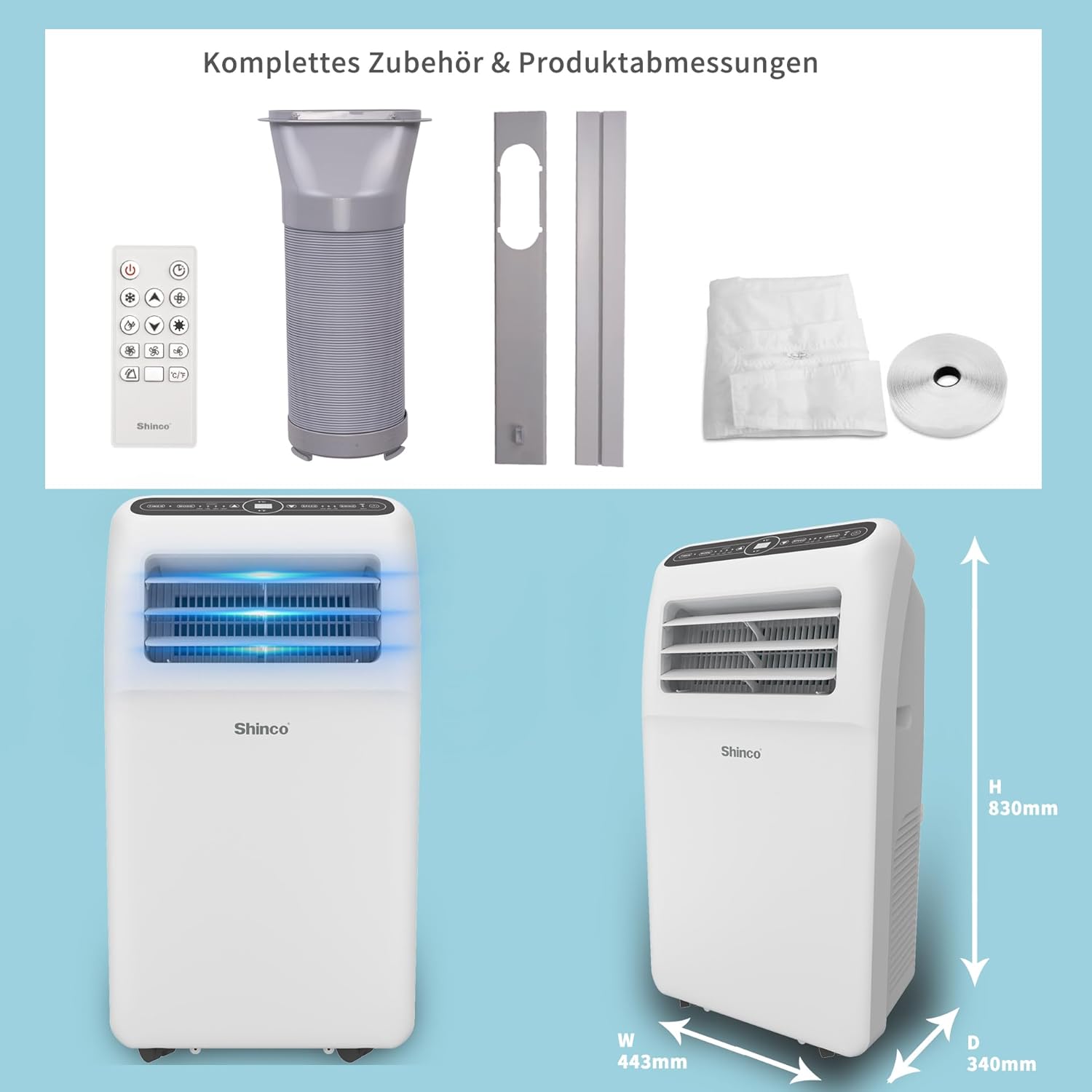 SHINCO Mobile Klimaanlage mit Abluftschlauch, 9000BTU, 2,6 kW, Kühlen&Ventilieren&Entfeuchten, Mobiles Klimagert mit Schlafmodus, Raumgre bis 22㎡, 24-Stunden-Timer