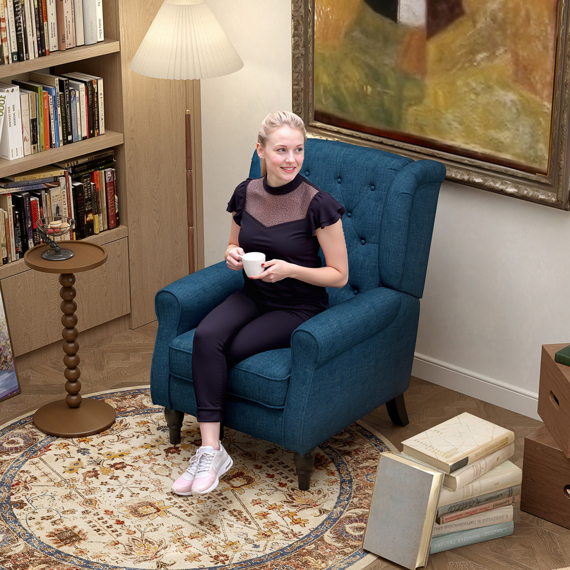 HOMCOM Elegante Oorfauteuil, Dik Gepolsterd, Afneembare Hoes, 74 x 86 x 102 cm, Blauw