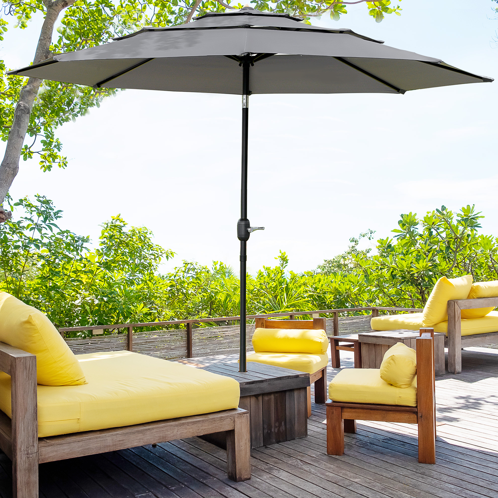 Outsunny Sonnenschirm für den Garten, runder neigbarer Sonnenschirm Ø 2,85 x 2,5 m mit Kurbel, 2 Belüftungsöffnungen, 180 g/m² Polyesterstoff, UV-Schutz, Grau