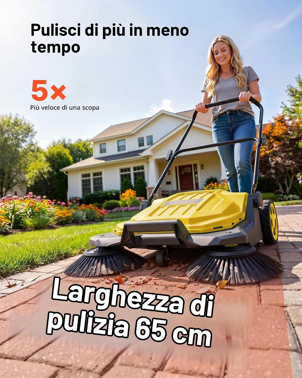 VEVOR Spazzatrice Manuale a Spinta da Giardino, Spazzarifiuti non Elettrica con Larghezza Pulizia 650 mm, Contenitore da 18,9 Litri e Manico Pieghevole Regolabile, Colore Giallo, per Cortili Garage