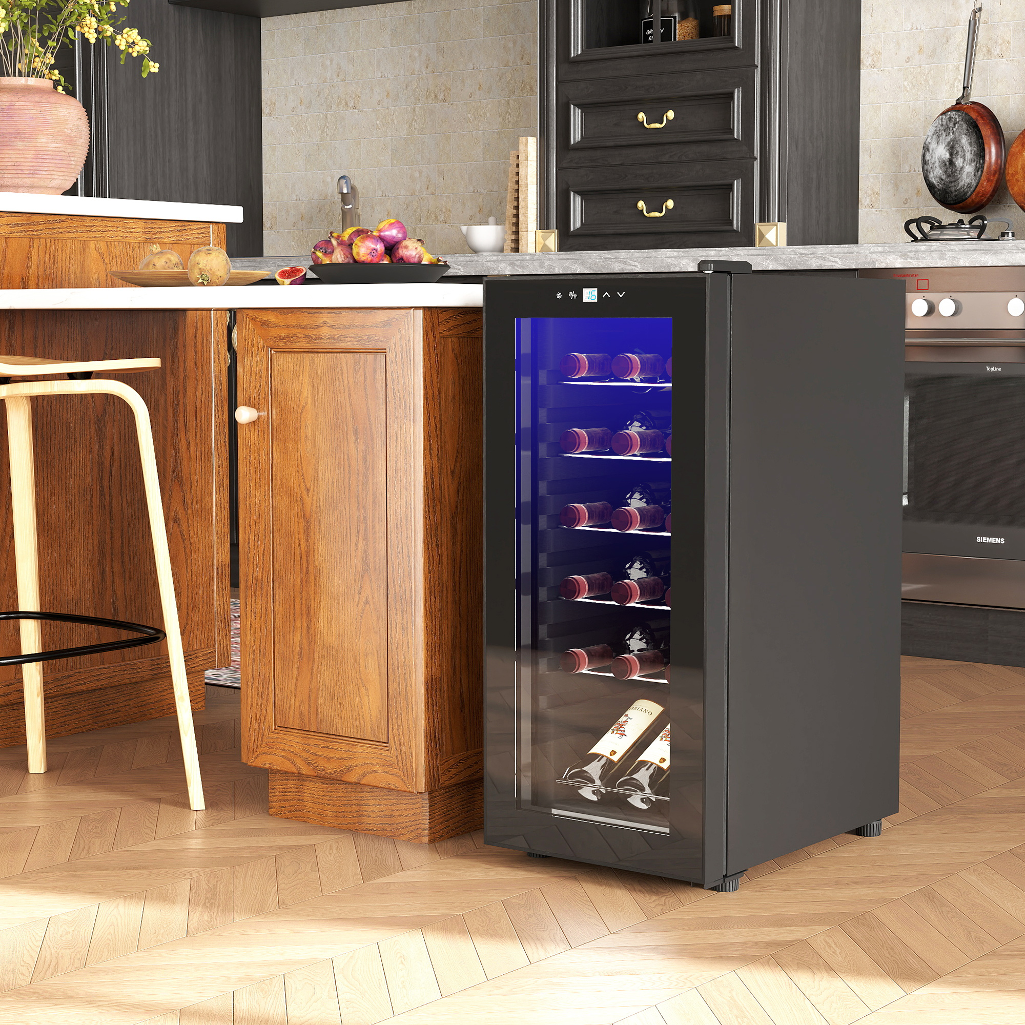 HOMCOM Weinkühlschrank, leise, 5-18°C, Touchscreen, Beleuchtung, 34,5x45x78cm, Schwarz