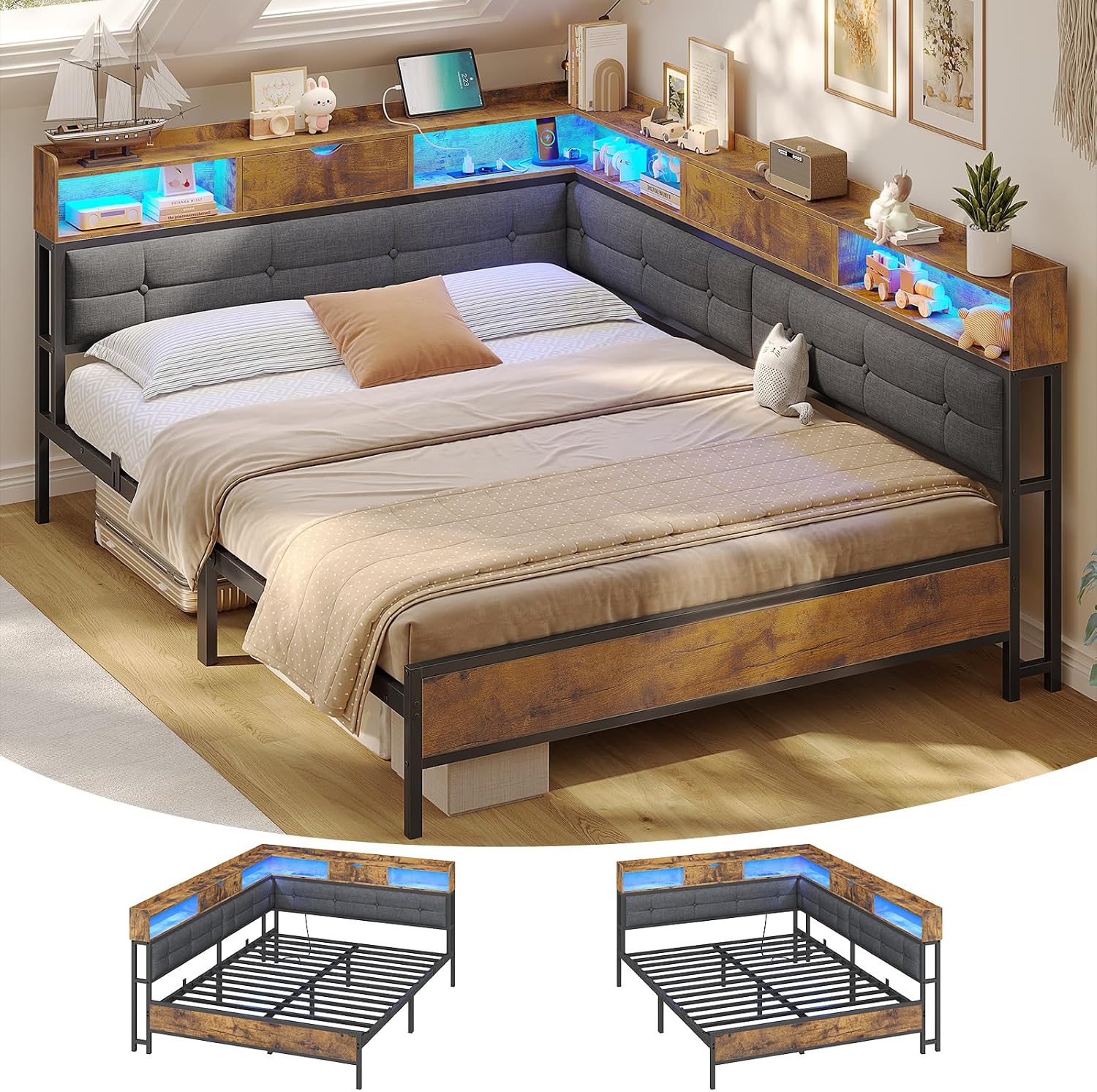 AOGLLATI Bettrahmen, Transparent, Polsterbett Schlafsofa 140x200 mit 6 Staufächern