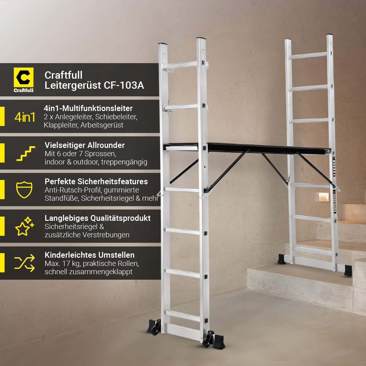 Craftfull CF 103A Gerüst Trittleiter Rollgerüst mit 7 Sprossen, stabile Arbeitsleiter, Arbeitsgerüst