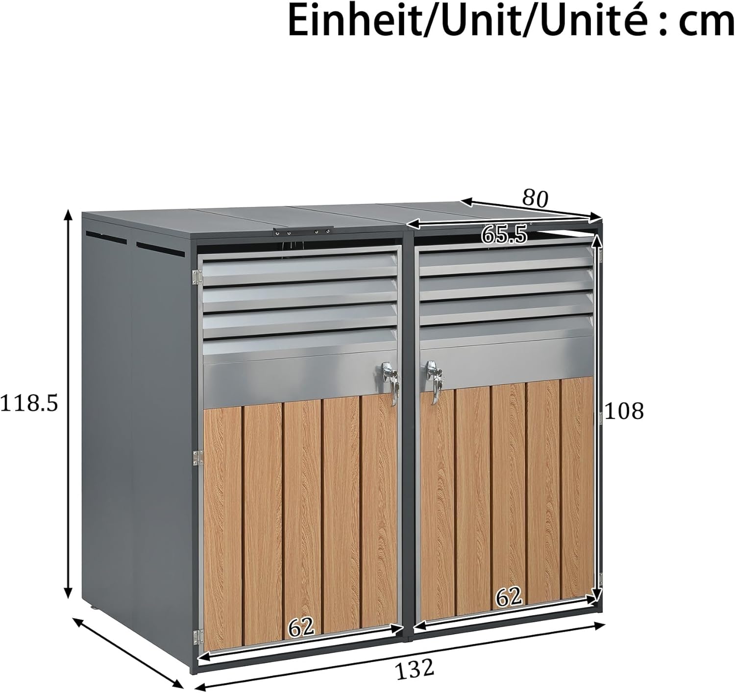 Mülltonnenbox 2Er Für 2 Mülltonne Bis 240L Mit Klappdeckel, Lüftungsöffnung Mit Lamellen, Trash Storage Compartments,Abschließbar, Zwei Türen, Garten Müllbox, Mülltonnenverkleidung,2 Bin