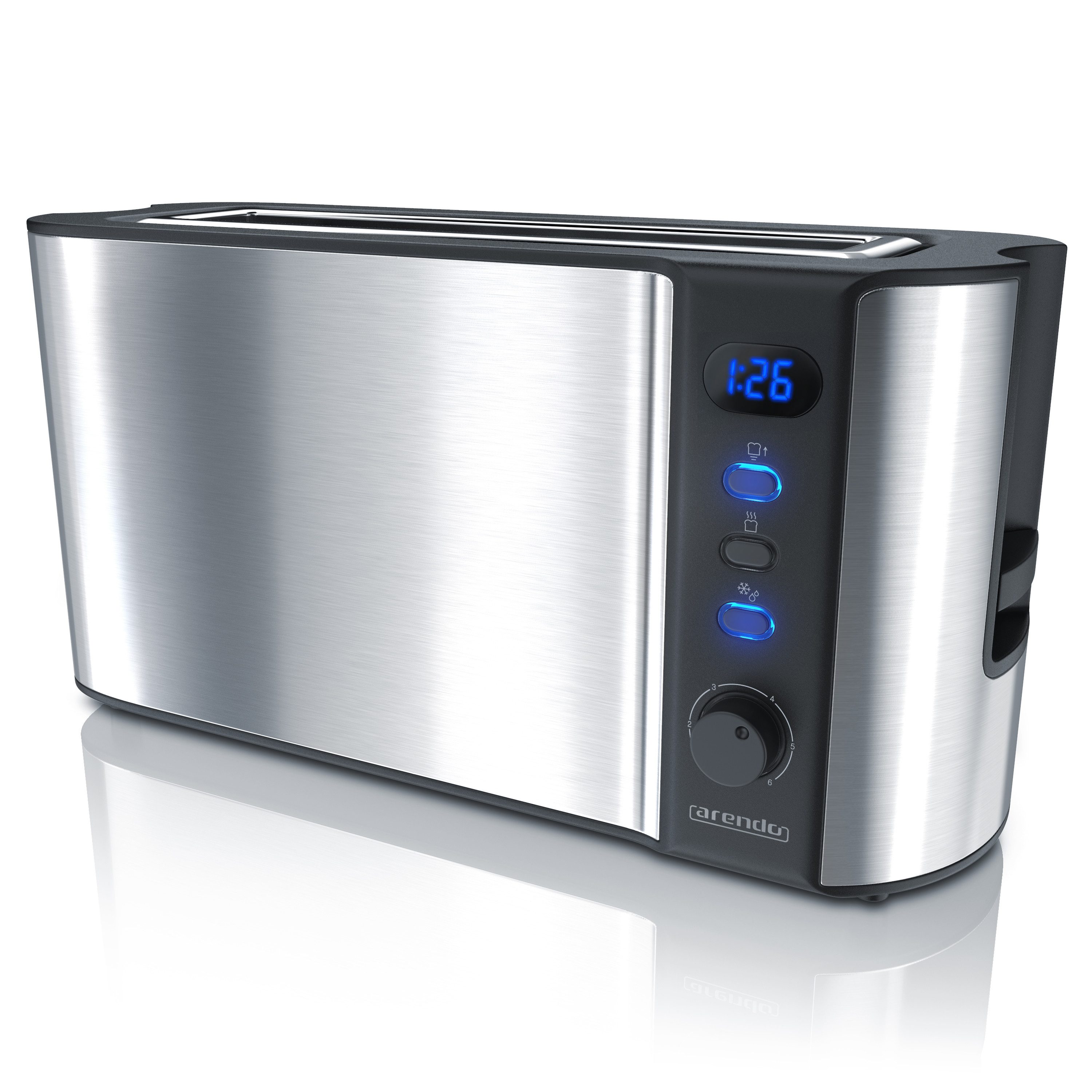 Toaster Langschlitz, Edelstahl, Display mit Restzeitanzeige, Brötchenaufsatz