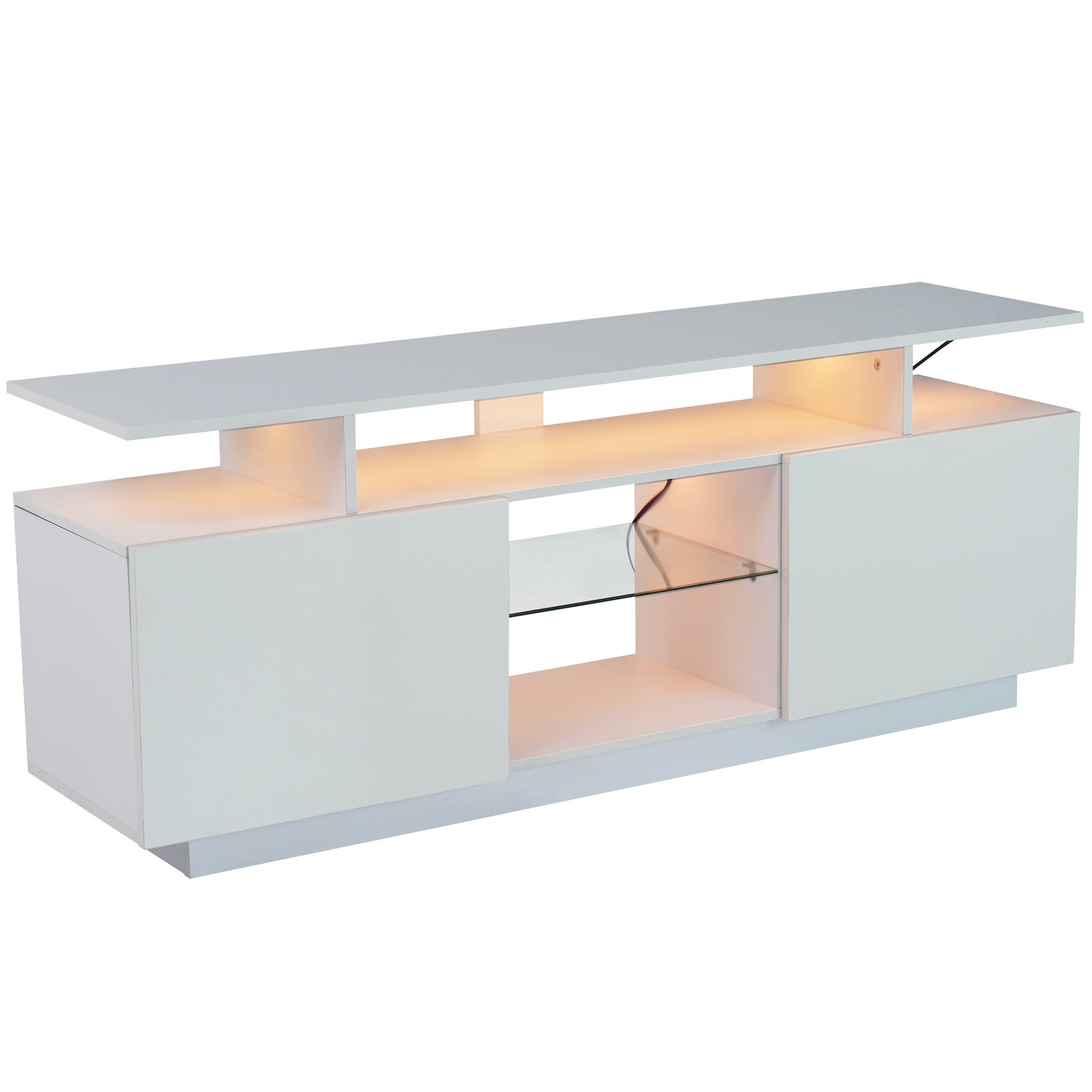 Moderner TV-Schrank mit 16-farbiger LED-Beleuchtung, Hochglanzoberfläche, Glasfächern und 5 offenen Ablagen, 140×35×61 cm, Weiß