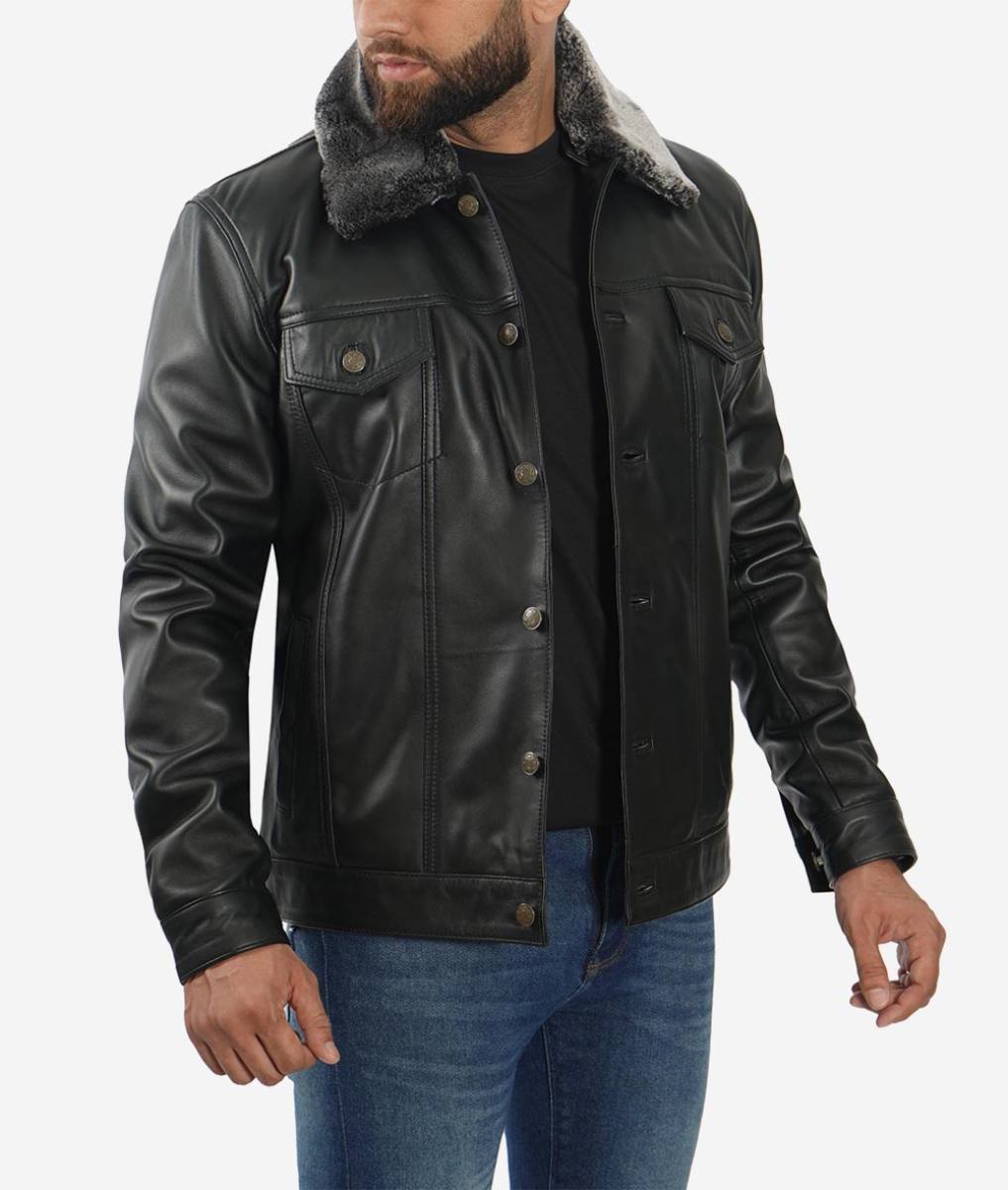 Mens Black Shearling Collar Leather Trucker Jacket
