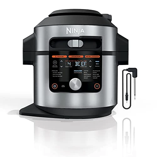 Ninja OL701 Foodi 14 in 1 SMART XL 8 Qt. Pressure Cooker Steam Fryer with SmartLid & Thermometer Auto Steam Release, that Air Fries, Proofs & More, 3 Layer Capacity, 5 Qt. Crisp Basket, Silver/Black