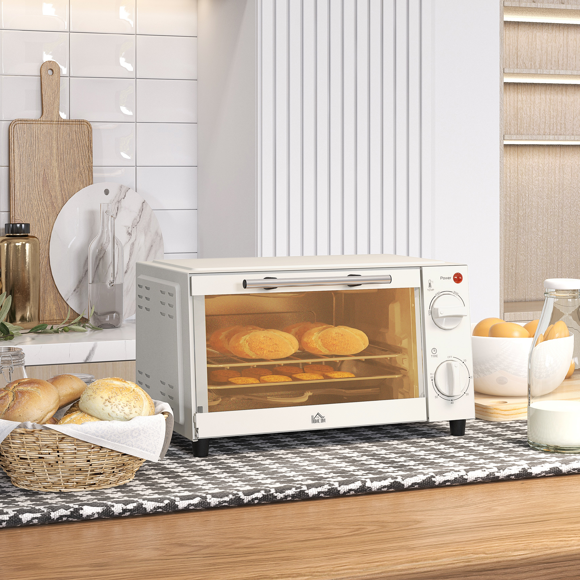 HOMCOM Minibackofen, 9 L Mini-Ofen mit Backblech, Grillrost, mit einstellbarer Temperatur und Garzeit, Edelstahl, Cremeweiß