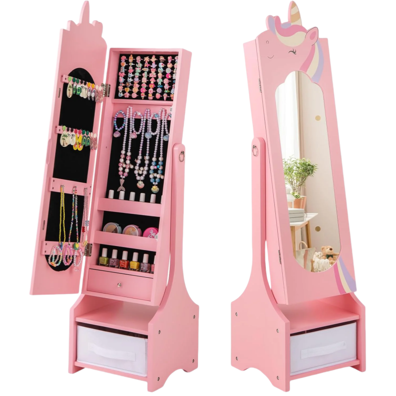 Armadietto Portagioie per Bambini 31,5 x 30 x 115cm, Specchio a Figura Intera a Forma di Unicorno con Ganci, Ripiani e Cassetti, Specchiera da Toeletta per Cameretta, Bianco (Rosa)
