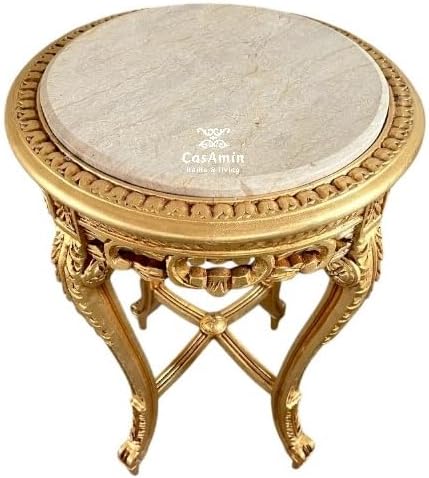 CasAmin Home & Living Tavolino rotondo in legno stile retrò barocco realizzato a mano con piano in marmo, tavolino da tè per decorazione soggiorno