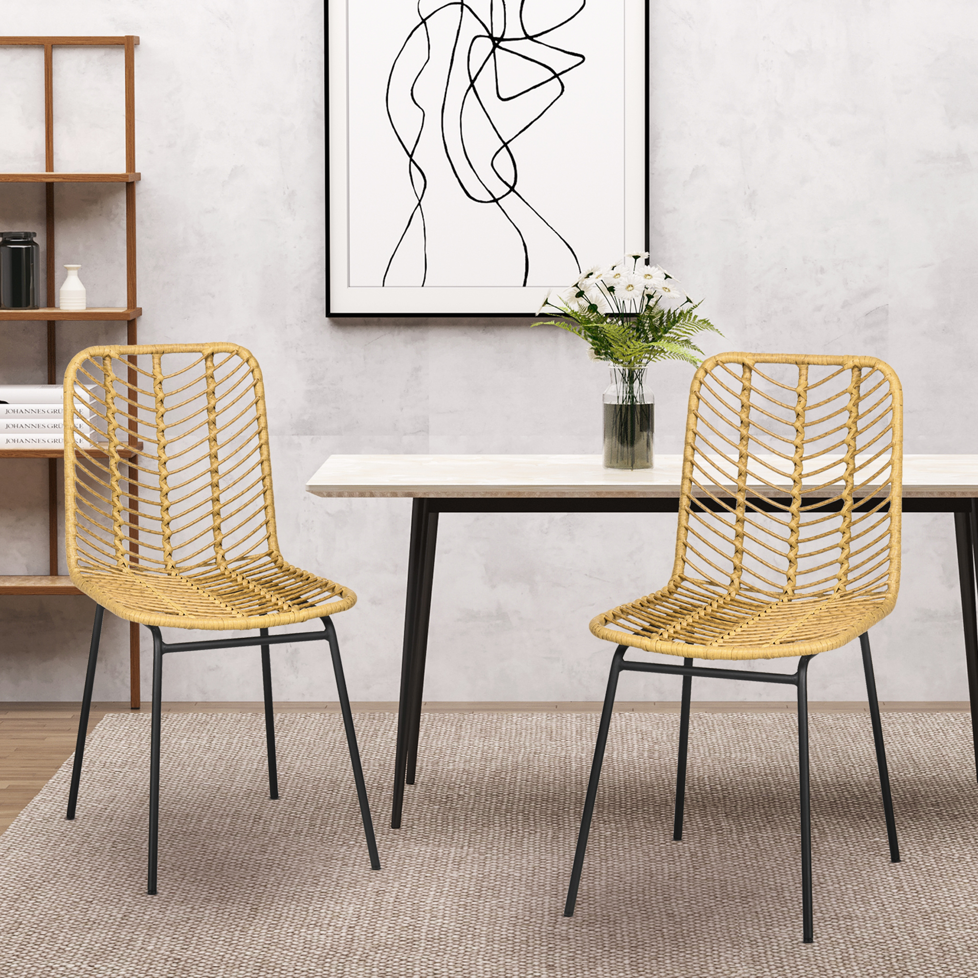 HOMCOM 2er-Set Esszimmerstühle im Boho-Stil, Akzentstuhl, PE-Rattan, 44 cm x 58 cm x 85 cm, Natur + Gelb
