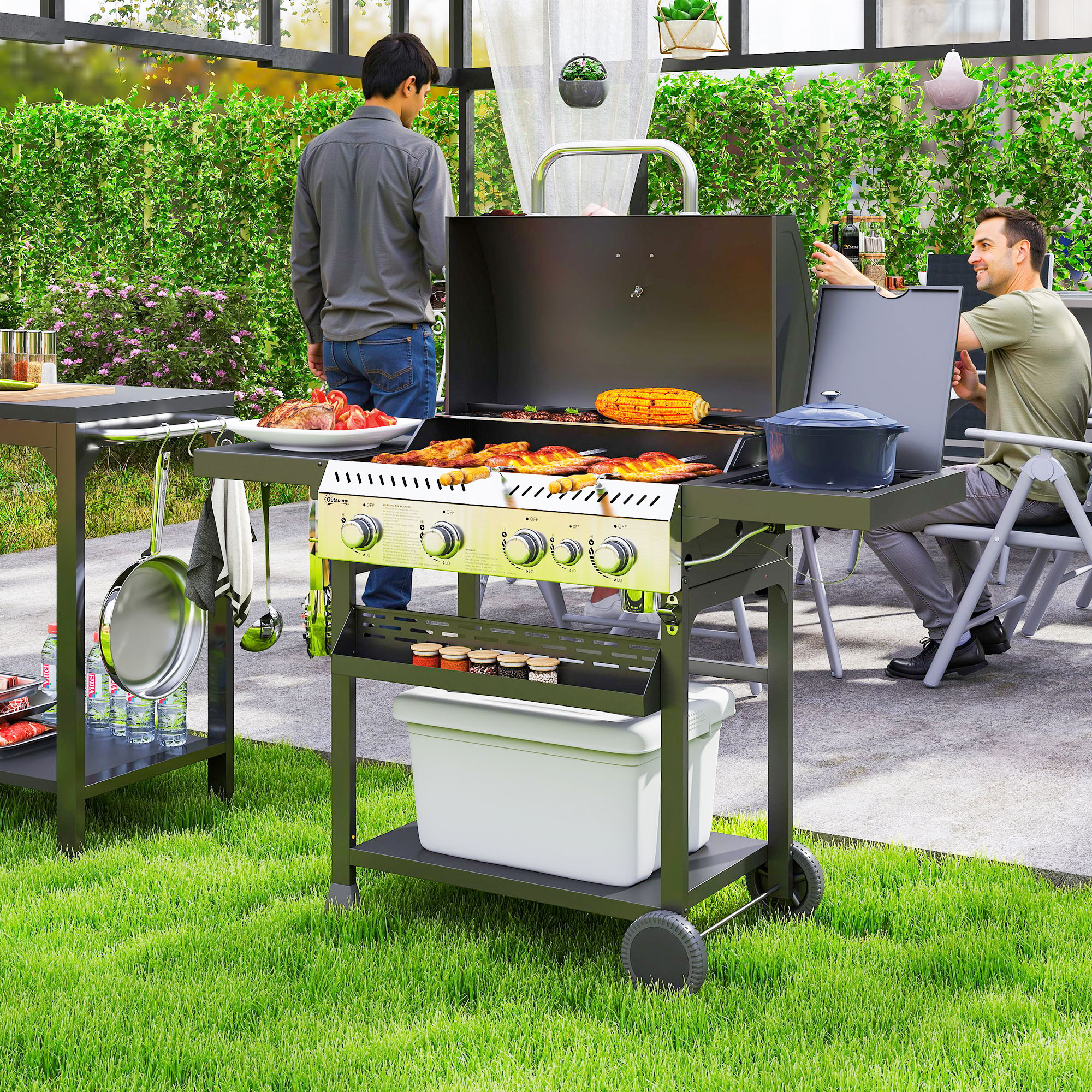 Outsunny Gasgrill, BBQ-Grill, 4 Hauptbrenner, 1 Seitenkocher, 1 Warmhalteplatte; 135 x 55 x 103 cm, Schwarz