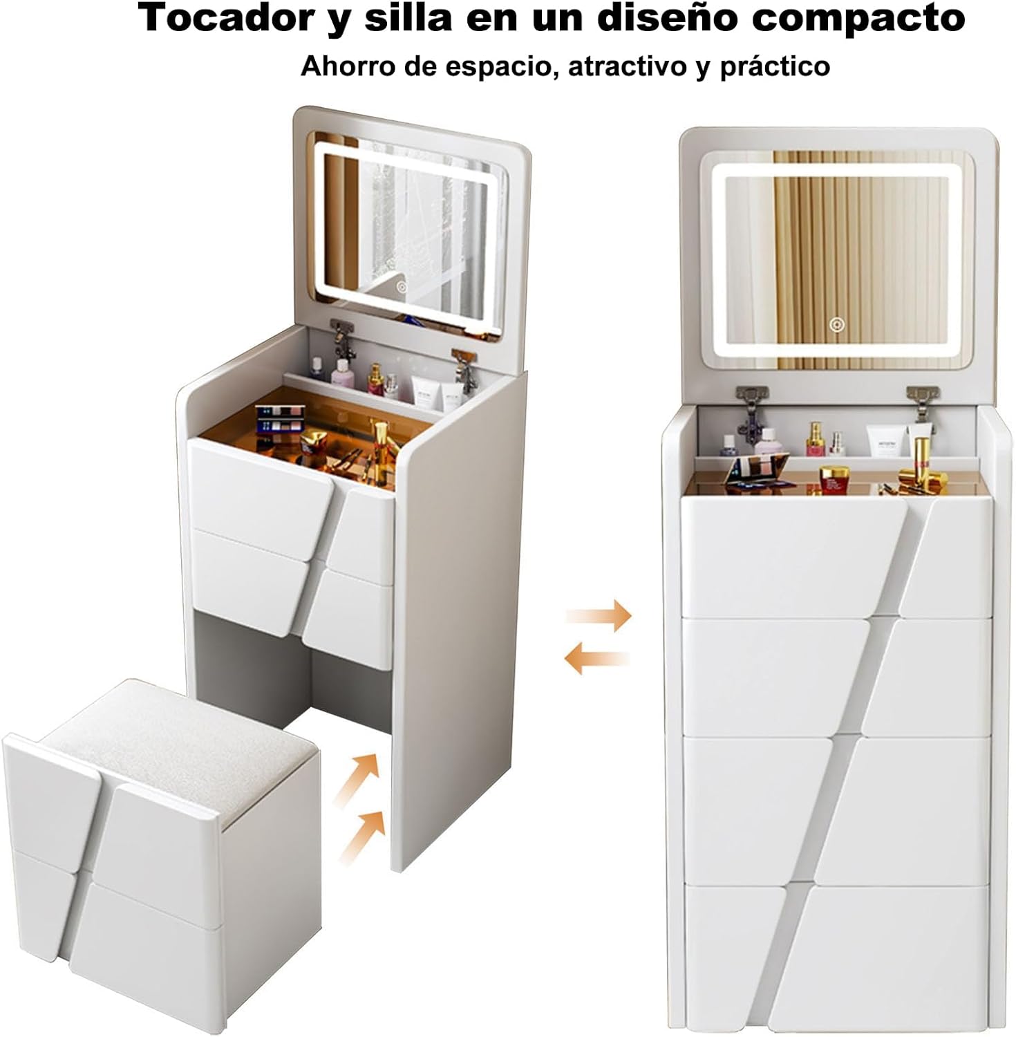 3 in 1 Makeup Desk, Makeup Vanity with Folding Mirror and Brightness Adjustable LED Light, Modern Makeup Desk with 4 Drawers and Padded Stools, White