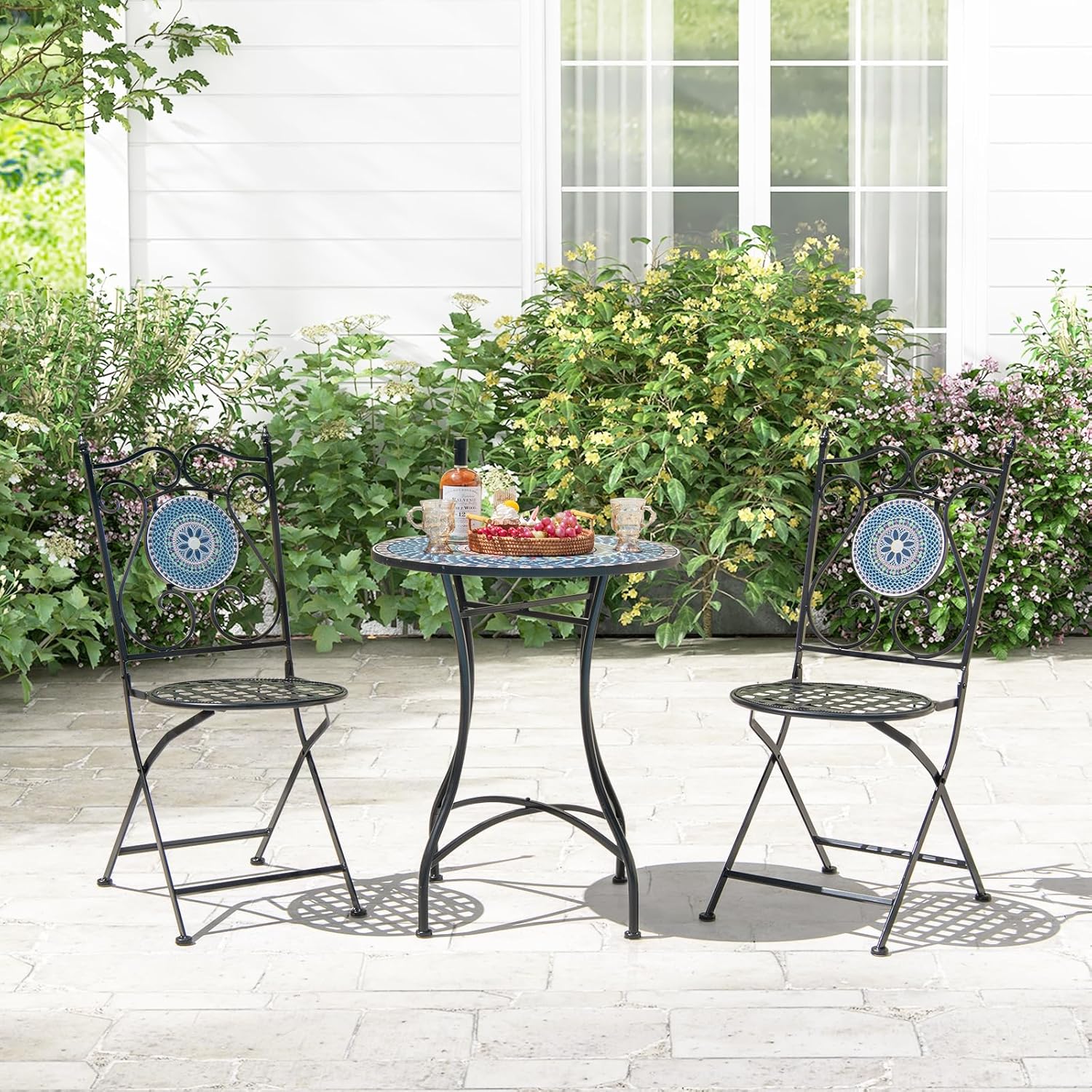 GYMAX Garden Table and Chairs Set, Round Side Table and 2 Folding Chairs with Backrest, Metal Frame, Modern Mosaic Look for Balcony, Patio (Style 2)