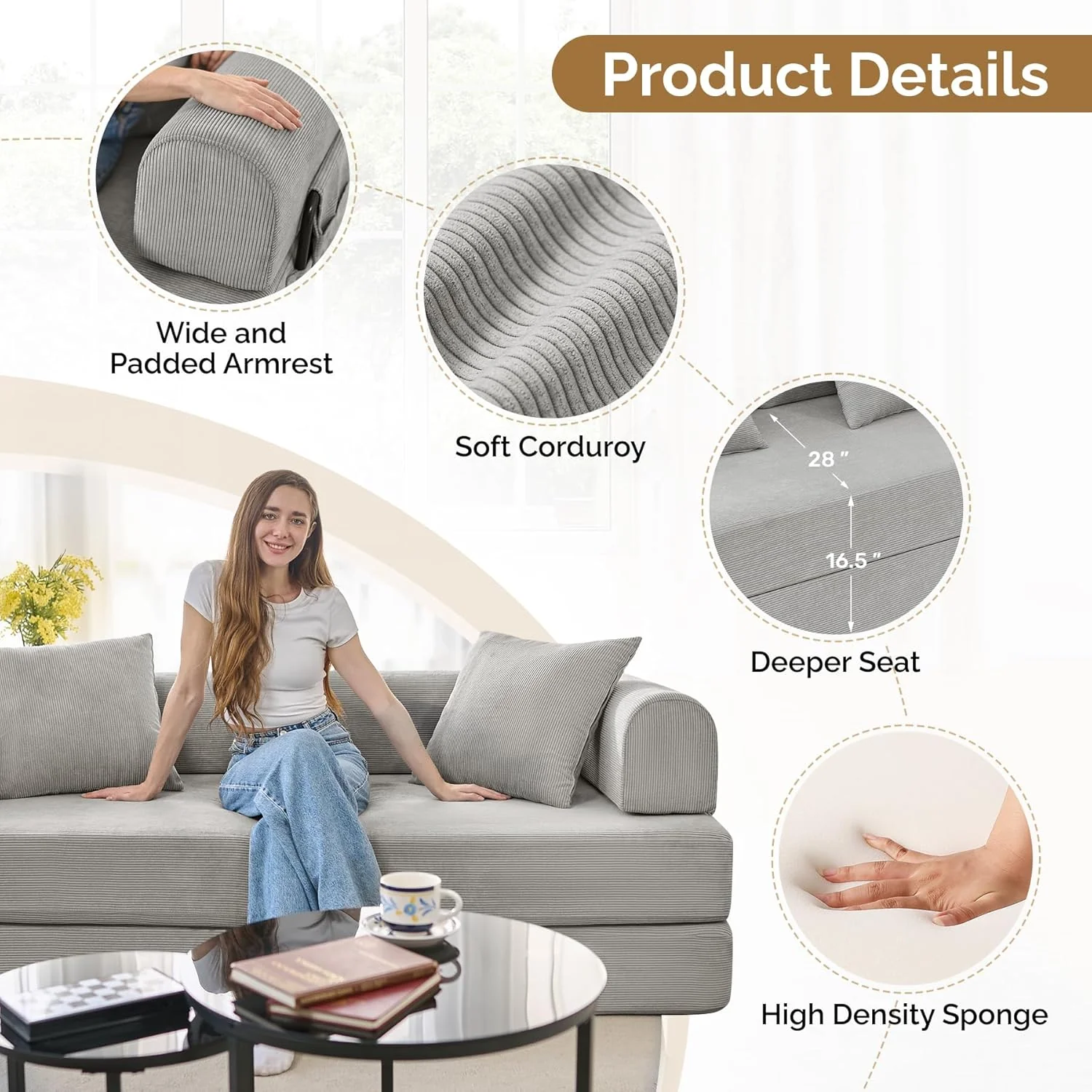 Convertible Coarser Corduroy Sleeper Sofa Bed with Cylindrical Pillow