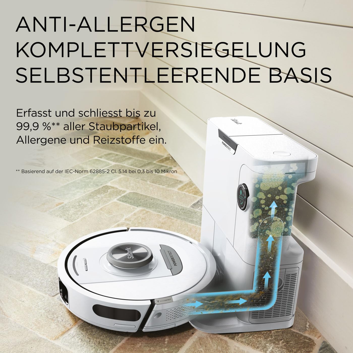 Saugroboter mit selbstentleerender Basis, 3D- und 360°-LiDAR-Navigation, Schmutzerkennung, Weiß