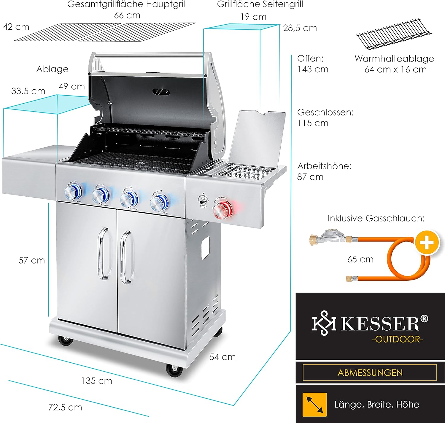 KESSER® Gasgrill mit 4 Brenner + 1x Infrarot Keramik Seitenbrenner & Piezo-Zündung | bis 800°C BBQ Grillwagen aus Edelstahl inkl. Grillrost (66cm) aus Gusseisen, Grillthermometer & Gas-Schlauch