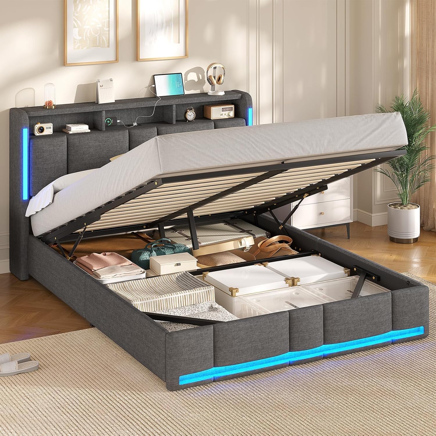 AOGLLATI Letto Matrimoniale con Contenitore 160x200 cm, Struttura Letto Matrimoniale con Illuminazione a LED e Stazione di Ricarica, Letto Imbottito con Testiera e Sollevamento Idraulico, Grigio Scuro