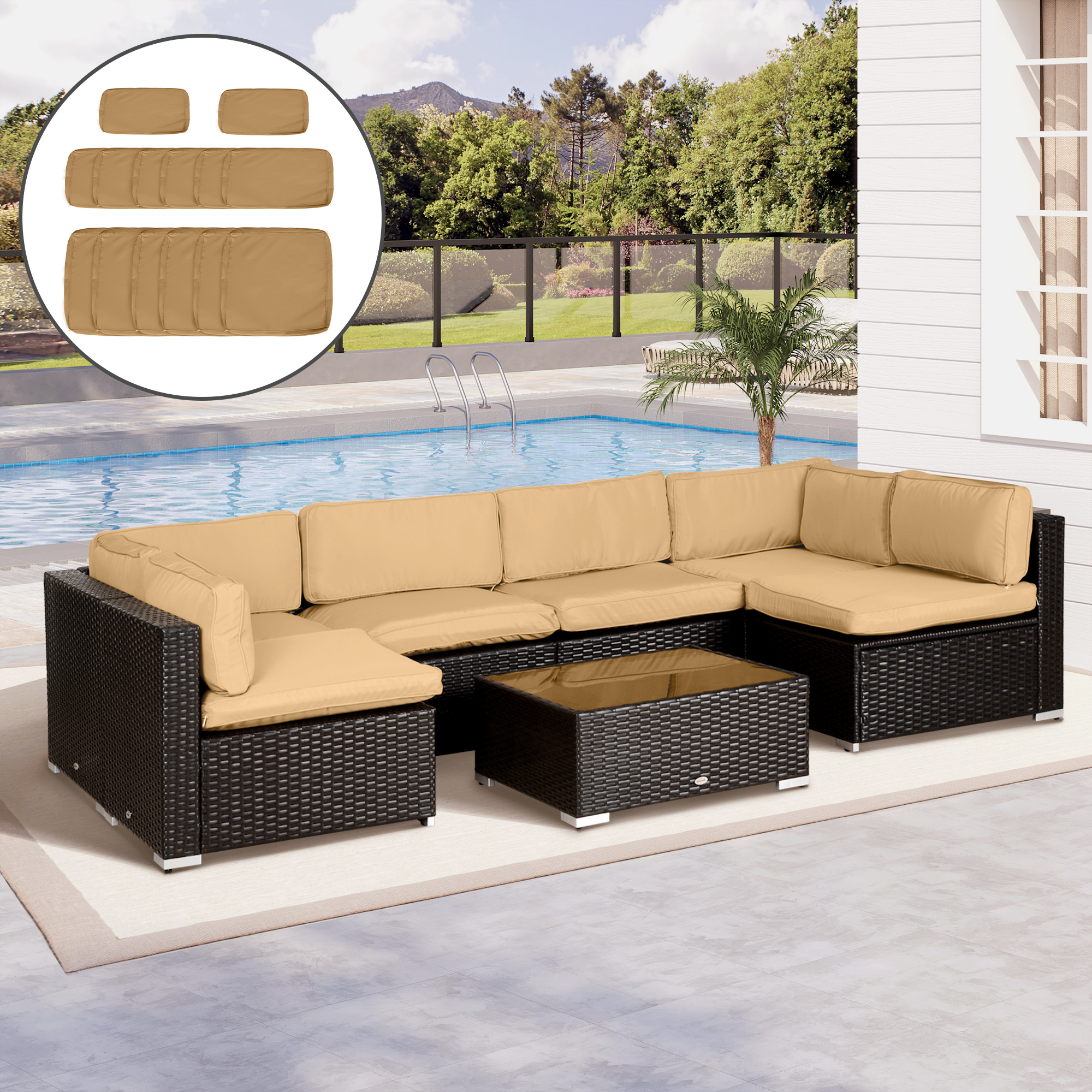 Outsunny Set mit 14 Ersatzbezügen für Gartenmöbelkissen - 6 Sitzkissenbezüge, 8 Rückenkissenbezüge Braun