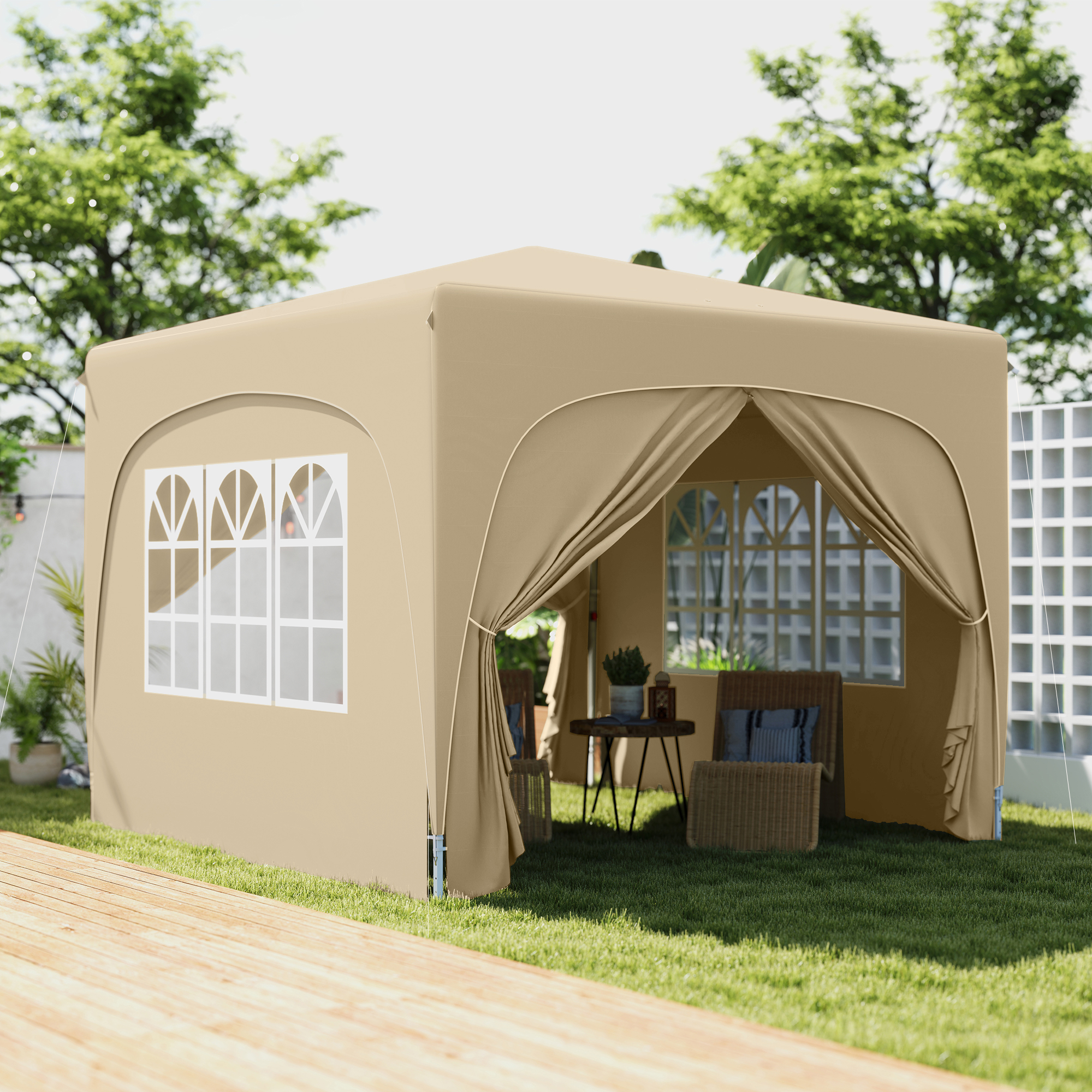 Outsunny 3 x 3 m Pavillon, Pop-up Gartenzelt mit Seitenwänden und Tragetasche, UPF50+, höhenverstellbar, Sand
