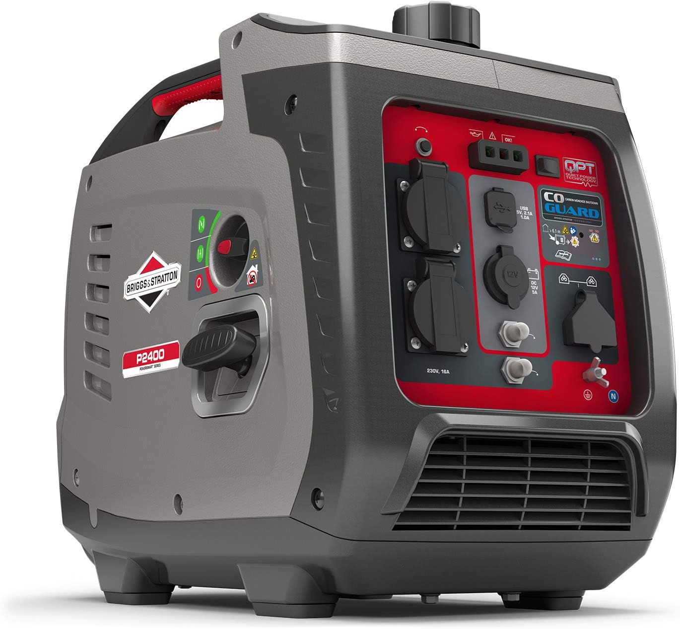 Briggs & Stratton P2400 - Generatore Di Corrente Silenziato, Con Tecnologia A Inverter Portatile A Benzina, 2400W, Grigio Rosso