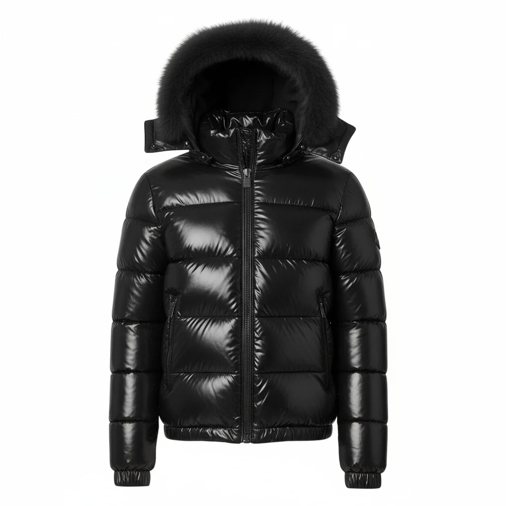 12 Pack Adult Shiny Bubble Jacket with Fur Hood in Black