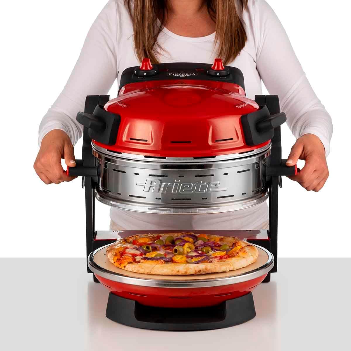 Ariete 927 Pizzeria Ariete, Forno pizza doppio, 2300 W, 2 pietre refrattarie, 2 pizze in 4 minuti, 2 termostati, Diametro 32 cm, 5 livelli di cottura, 2 pale in acciaio inox, Rosso