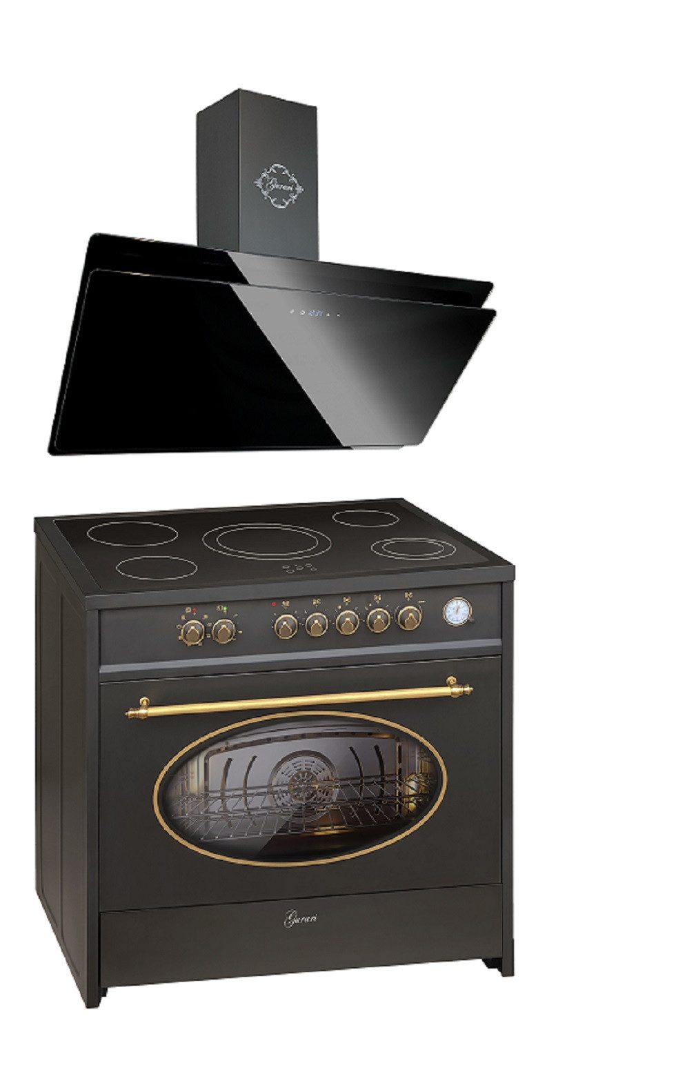 Elektro-Standherd Retro Glaskeramik Herd 90 cm Schwarz Range Cooker Elektro XXL Backofen 121 L mit Dunstabzugshaubeб 90 cm, 1000 m³/h GCH E 912 BL r+GCH S 411 90 BL PRIME N