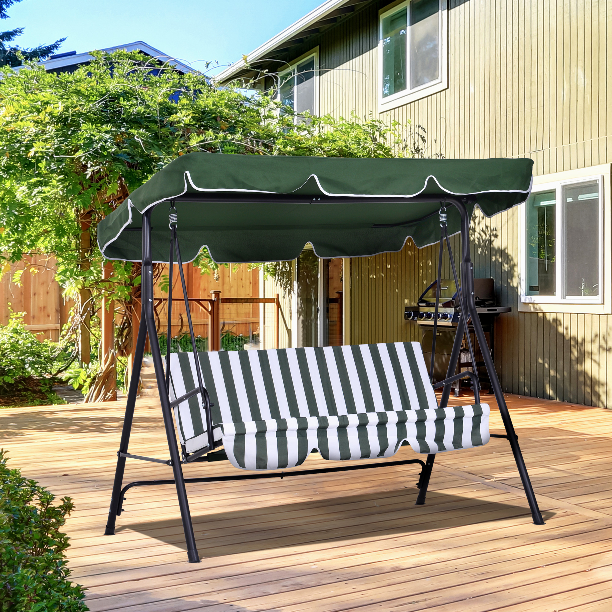 Outsunny Gartenliege 3-Sitzer mit verstellbarem Dach und Kissen Schwarz Stahl Polyester Grün
