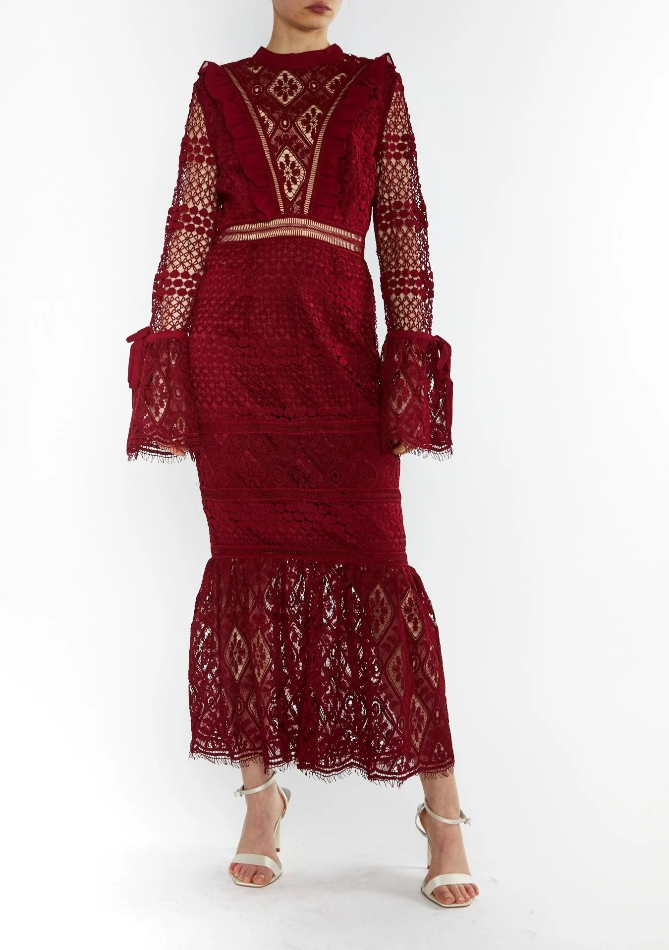 Jenna Burgundy Peplum-Sleeve Lace Midi Dress