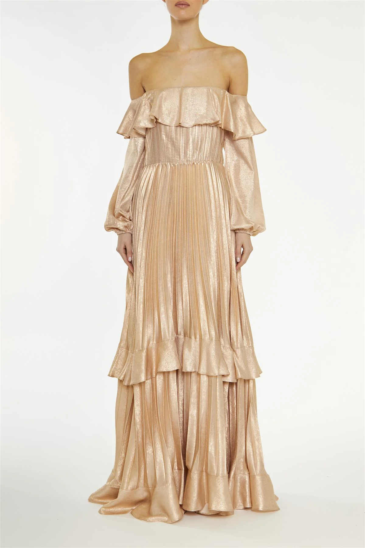 Adrianna Metallic-Copper Pleated Bardot Maxi-Dress