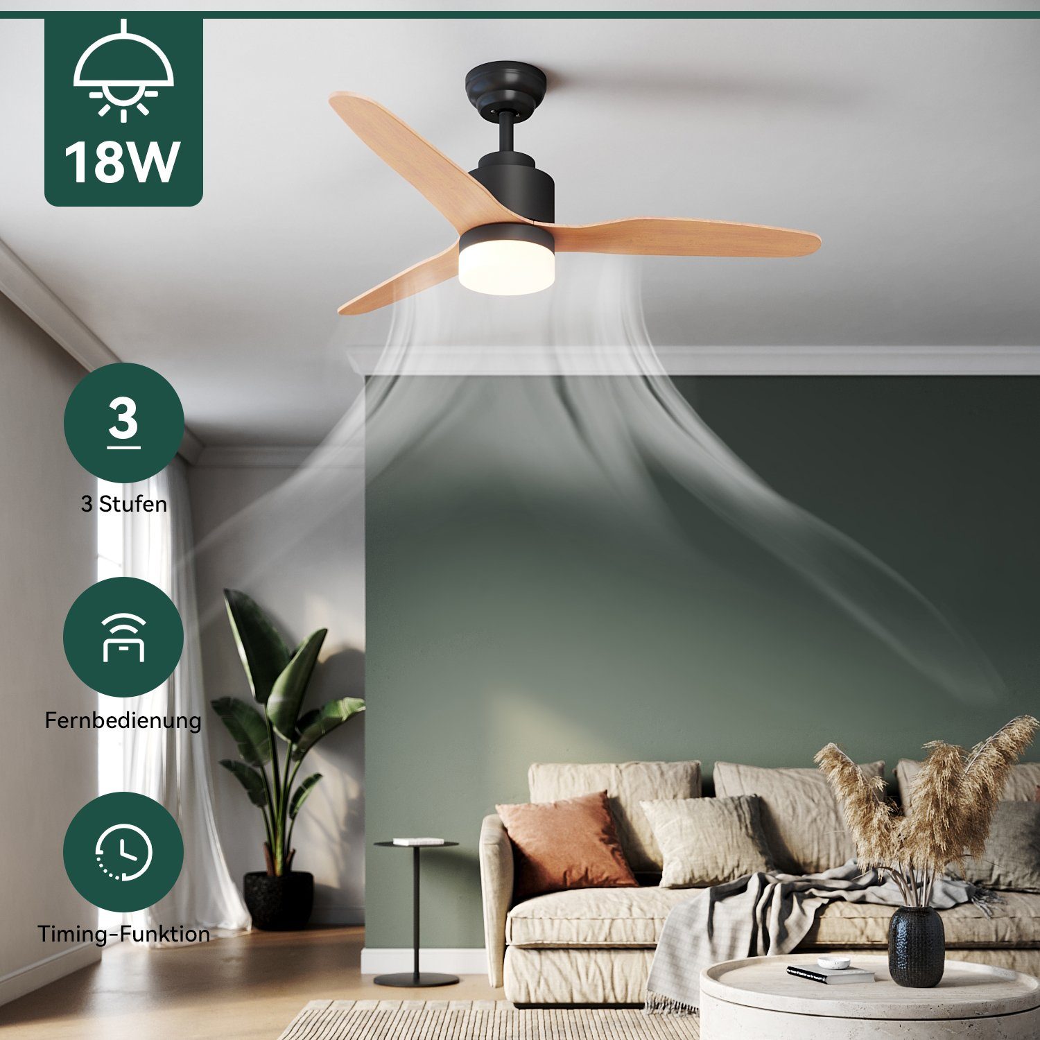 Deckenventilator 119 cm, 3 Flügel, 3 Leistungsstufen, leise mit Beleuchtung dimmbar